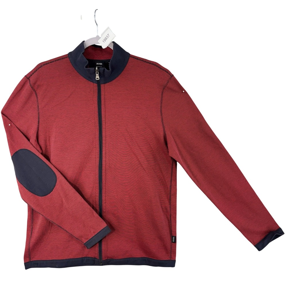 NWT Hugo Boss Full Zip Jacket Mens XL Reversible Red Navy Striped Elbow Patches